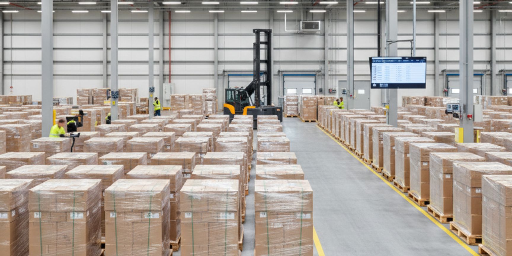 Pufferzone Wareneingang modernes Logistikzentrum, Paletten warten auf Einlagerung, Gabelstapler, effiziente Intralogistik